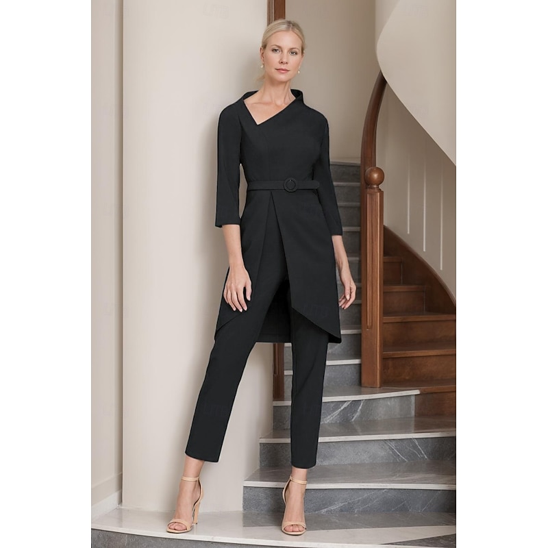 Two Piece Mother of the Bride Pantsuit Simple Minimalist Casual V Neck Ankle Length Crepe 3/4 Length Sleeve with Sash / Ribbon4