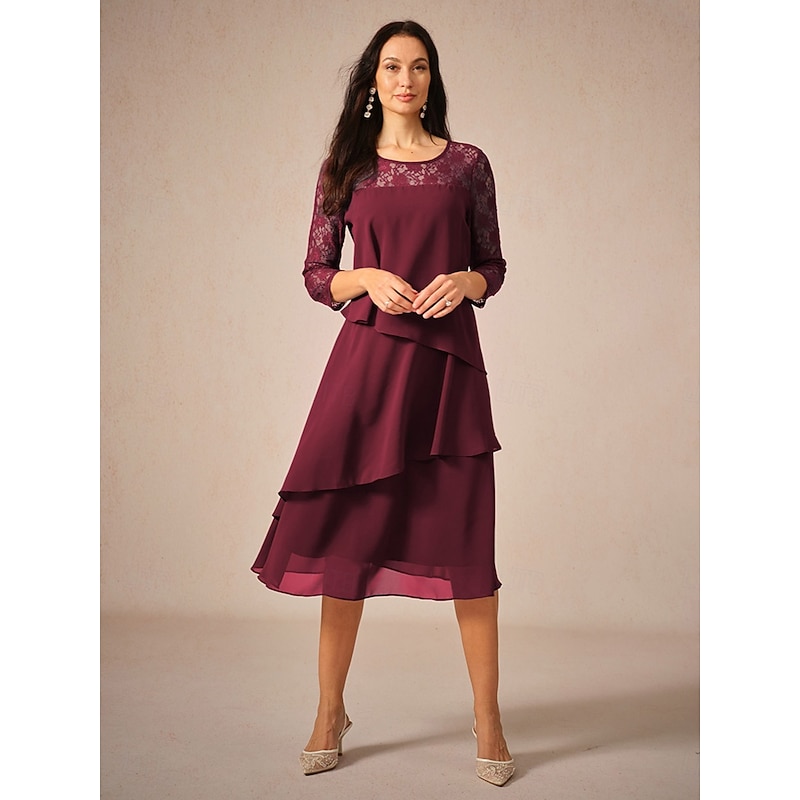 Women's Tea Length Lace Dress Party Dress Cocktail Dress Wedding Guest Dress Elegant Party Vacation Wedding Guest Cocktail Party Regular Fit Solid Color 3/4 Length Sleeve Crew Neck Wine Spring Fall