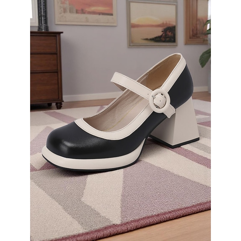 Women's Black and White Chunky Heel Mary Jane Pumps – 1950s Retro Style Statement Shoes for Fashion-Forward Office and Party Looks