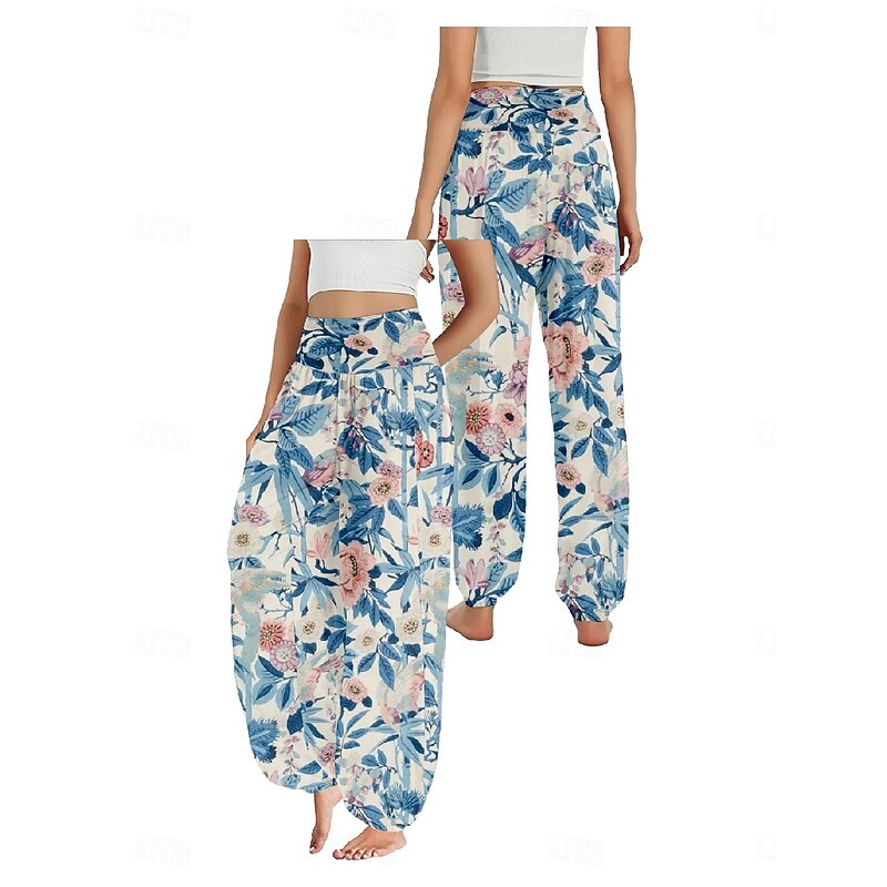 Women's Linen-Inspired Pants Wide Leg Pants Trousers Ethnic Style Casual Boho Full Length High Waist Floral Pocket Elastic Waist Printing Breathability Soft Micro-elastic Outdoor Yoga Light Green3