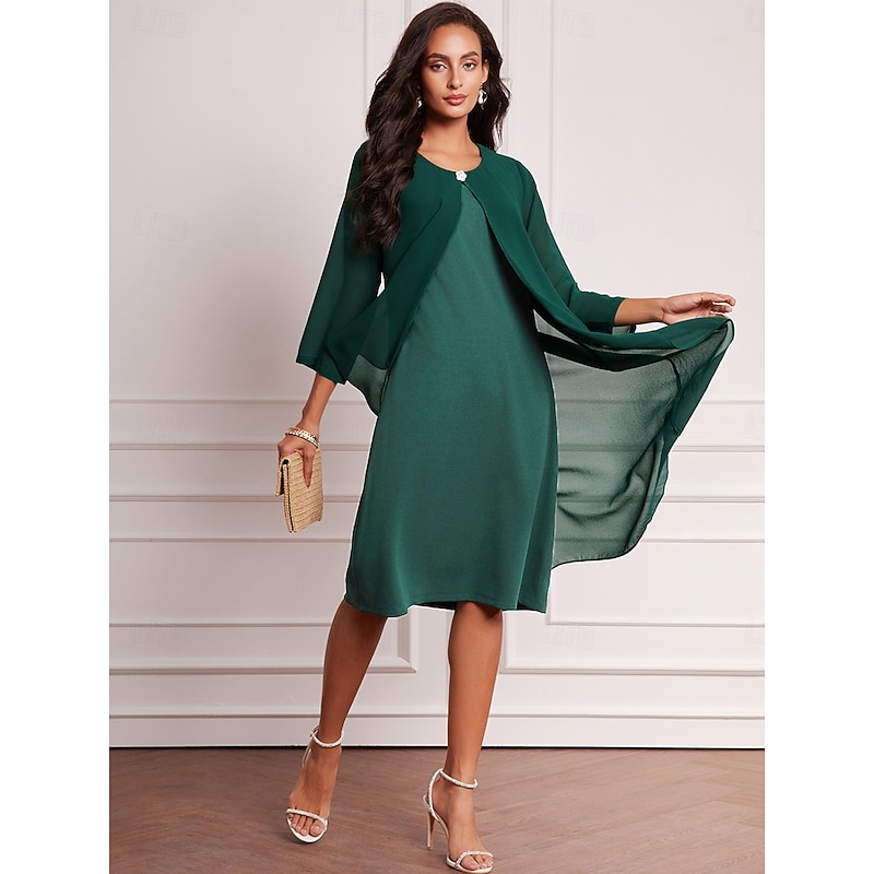 Women's Evening Dress Cape Sleeve Knee-Length Elegant Green Sheer Overlay Party Wedding Guest Spring Summer Regular Fit