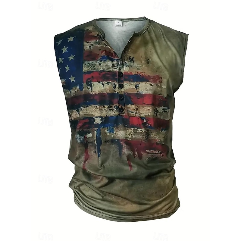 Men's American Flag Tank Top Henley Shirt Sleeveless Vintage Fashion Designer Outdoor Casual Daily Summer Spring &  Fall Green Brown Gray Henley Henley T-Shirt2