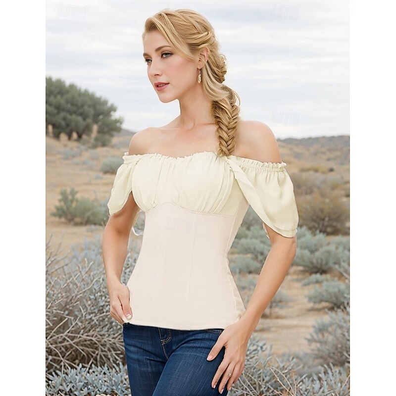 Retro Vintage Medieval Renaissance Blouse / Shirt Puff Balloon Sleeve Off Shoulder Cottagecore Fancy Dress Women's Celtic Fantasy Halloween Carnival Vacation Ren Faire Adults' Top Spring & Summer4