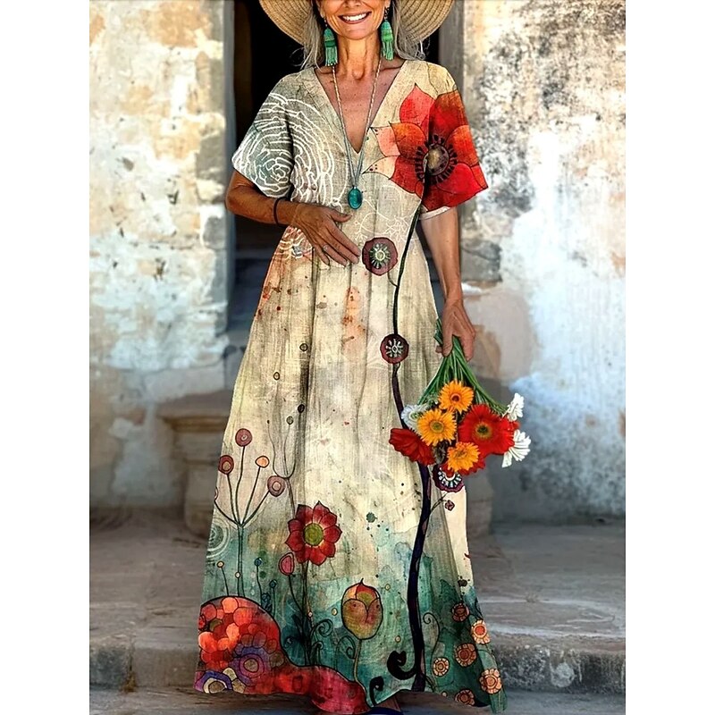 Women's Long Dress Maxi Dress Casual Dress Summer Dress Boho Dress Vintage Vacation Daily Weekend Regular Fit Floral Color Block Short Sleeve V Neck Red Green Summer3