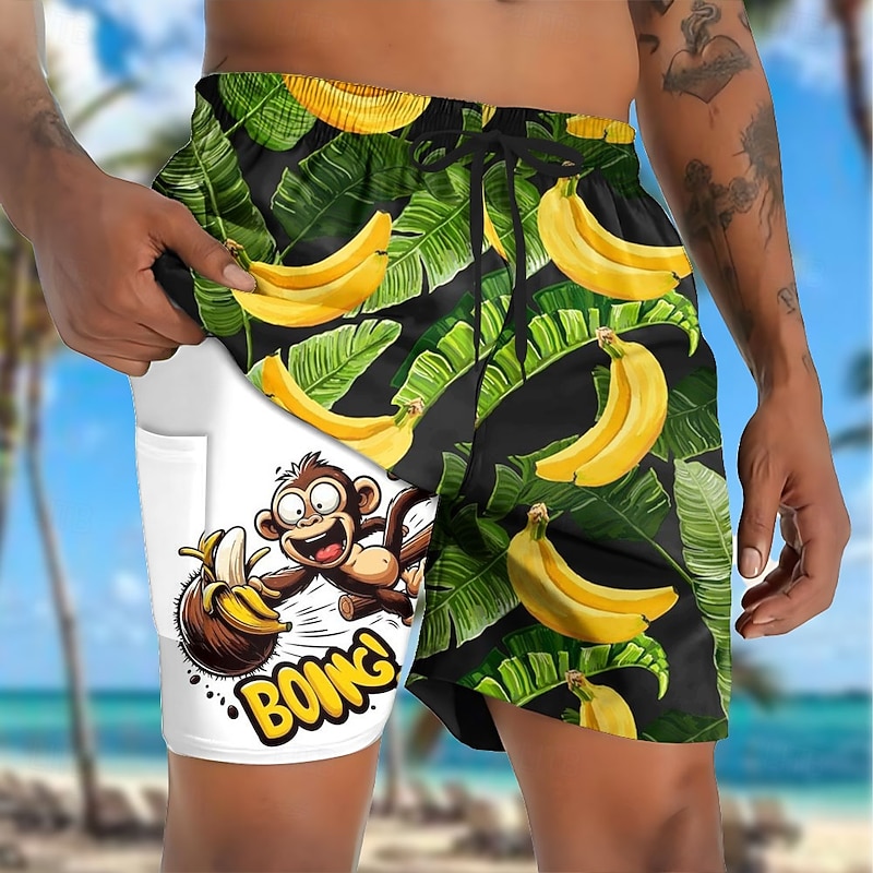 Men's Funny Monkey Banana Lined Shorts 2 in 1 Board Shorts Swim Shorts Mid Waist Hawaiian Vacation Holiday Beach Wear Side Pockets With Compression Liner Elastic Drawstring Waist Designer Clothing3