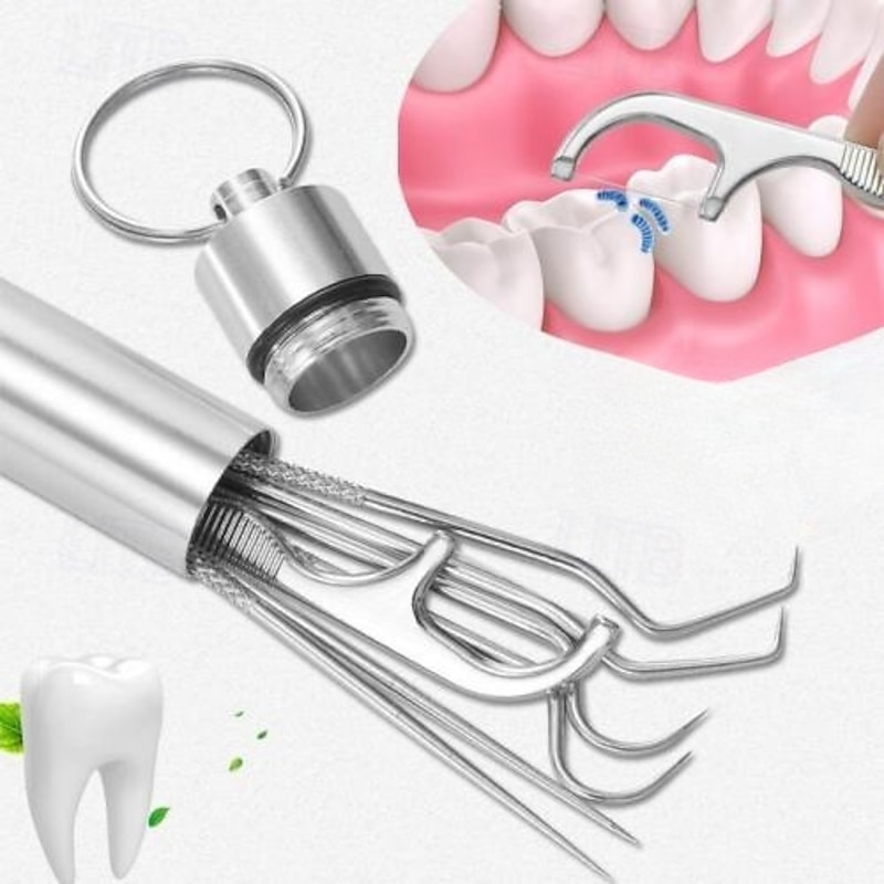 7Pcs Portable Stainless Steel Toothpicks Pocket Set Reusable Metal Toothpicks Cleaning Kit with Holder for Outdoor Picnic Camping Traveling