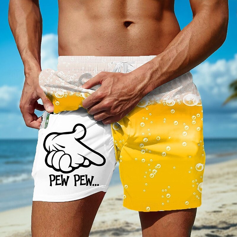Men's Oktoberfest Beer Cartoon Hand Print Lined Shorts 2 in 1 Board Shorts Swim Shorts Mid Waist Hawaiian Holiday Side Pockets With Compression Liner Elastic Drawstring Waist Designer Clothing Apparel