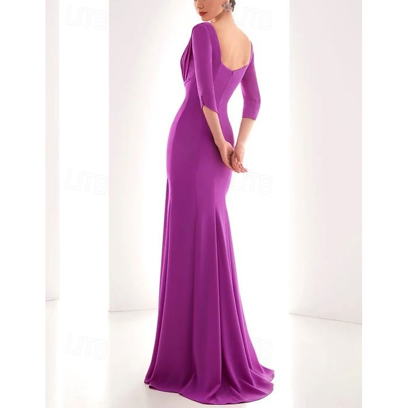 Mermaid Evening Gown Elegant Dress Formal Fall Floor Length 3/4 Length Sleeve V Neck Chiffon with Ruched Ruffles2