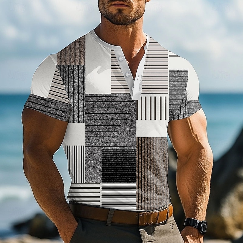 Men's Patchwork Pattern T Shirt Henley Shirt Short Sleeve Designer Retro Vintage Casual Street Casual Daily Summer Spring Navy Blue Lime Green khaki Gray Henley Henley T-Shirt