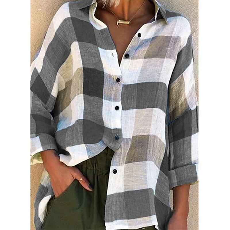 Women's Shirt Plaid Stylish Casual Long Sleeve Shirt Collar Regular Tops Daily Buttons Print Purple Orange Green Gray Summer Spring3