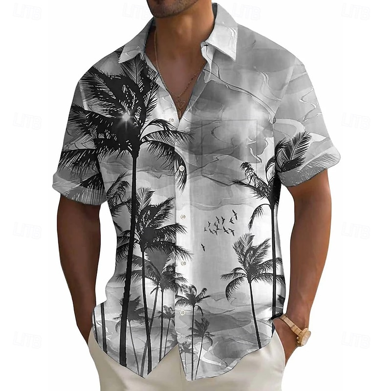 Men's Coconut Tree Tropical Plants Shirt Summer Hawaiian Shirt Button Up Shirt Short Sleeve Hawaiian Vacation Holiday Beach Wear Summer Turndown 3D Print Front One Pocket Linen Like Shirt Blue Purple3