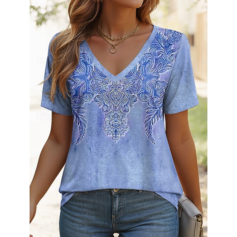 Women's T Shirt Graphic Geometric Paisley Vintage Ethnic Casual Short Sleeve V Neck Regular Tops Daily Print Blue Purple Green Summer Spring