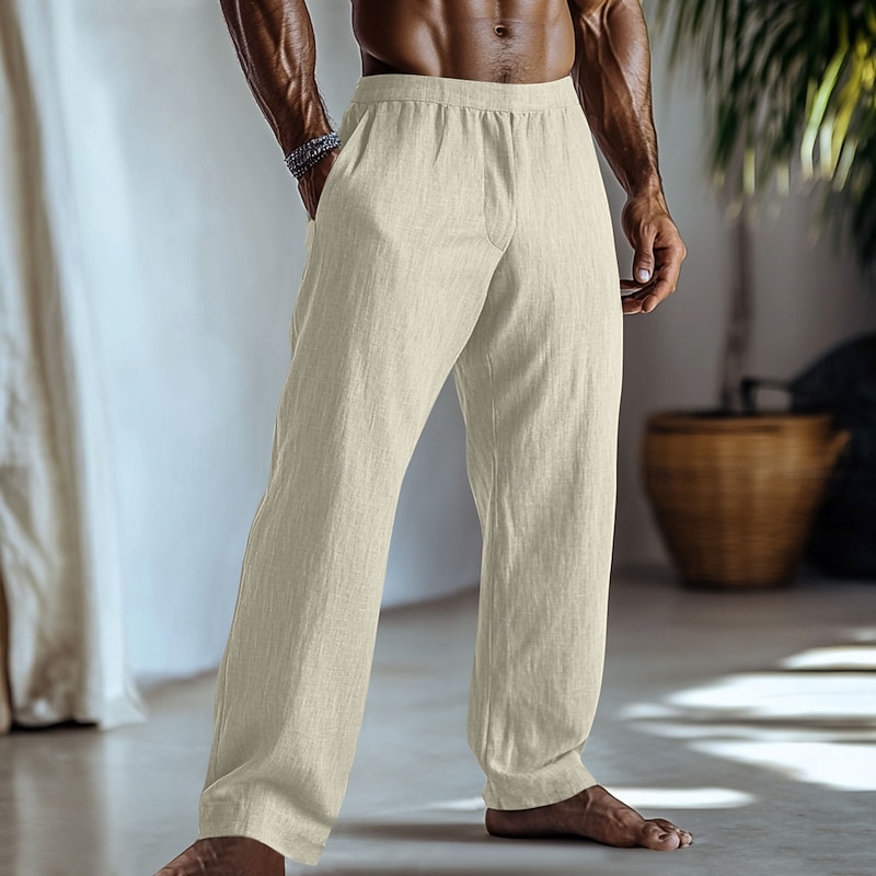 Men's Linen Pants Trousers Summer Pants Baggy Pants Elastic Waist Straight Leg Plain Comfort Breathable Full Length Home Yoga Daily Fashion Classic Style Black Light Green4