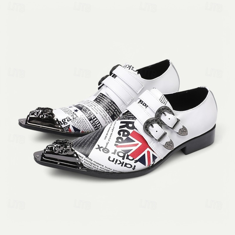 Men's White Punk Rock Monk Strap Leather Dress Shoes with Gold Tip British Flag–Statement Shoes for Music Festivals, Themed Parties and Concerts2