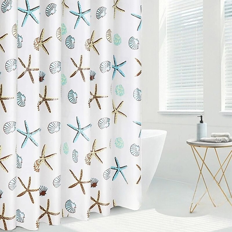 Shower Curtain, Waterproof PEVA Liner, 12 Hooks, Nordic Style Bathroom Decor, Beach Ocean Triangle/Plaid Print