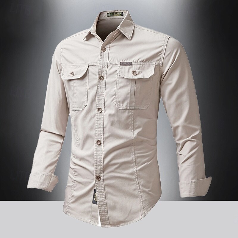 Men's Shirt Summer Shirt Casual Shirt Button Up Shirt Cargo Shirt Black White Red khaki Dark Blue Long Sleeve Plain Shirt Collar Vacation Hawaiian Pocket Clothing Apparel 100% Cotton Fashion Casual3