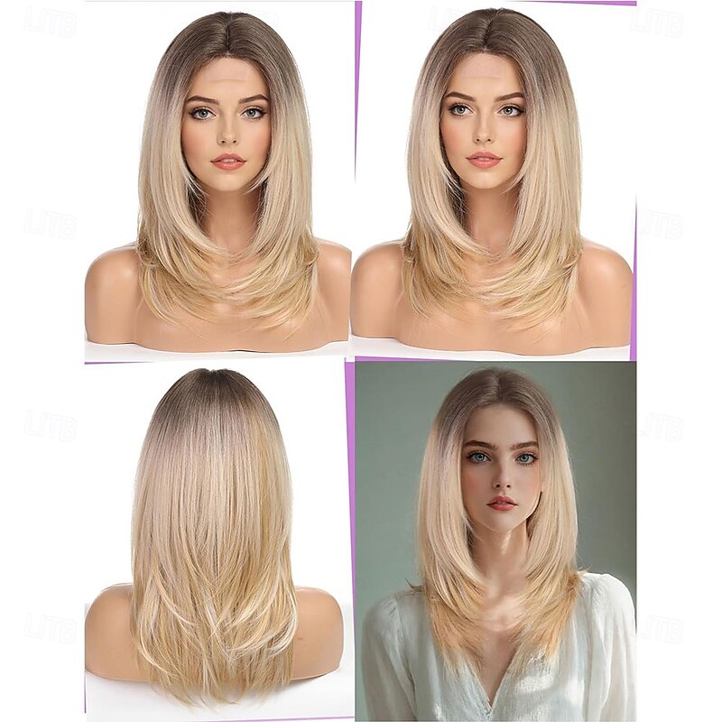 Layered Straight Blonde with Dark Roots Wigs for Women Heat Resistant Wig with fringe for Daily2