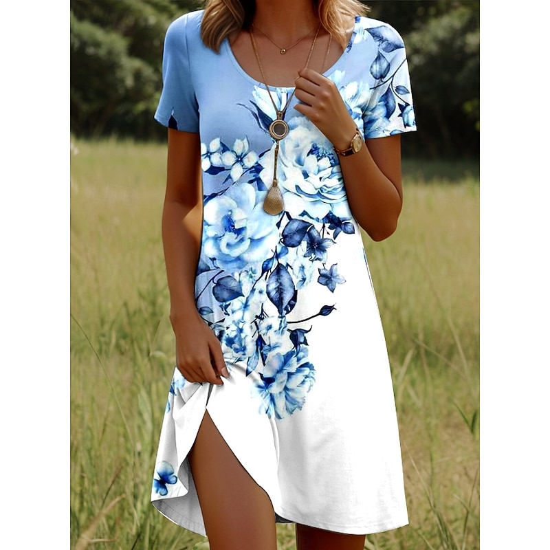 Women's Mini Dress Casual Dress T Shirt Dress Tee Dress Sundress A Line Dress Stylish Casual Beach Regular Fit Ombre Floral Graphic Short Sleeve Crew Neck Scoop Neck Dusty Blue Light Blue Summer