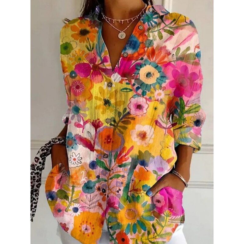 Women's Shirt Floral Striped Stylish Modern Long Sleeve Shirt Collar Regular Tops Daily Holiday Pocket Buttons Print Blue Purple Fuchsia Orange Summer3
