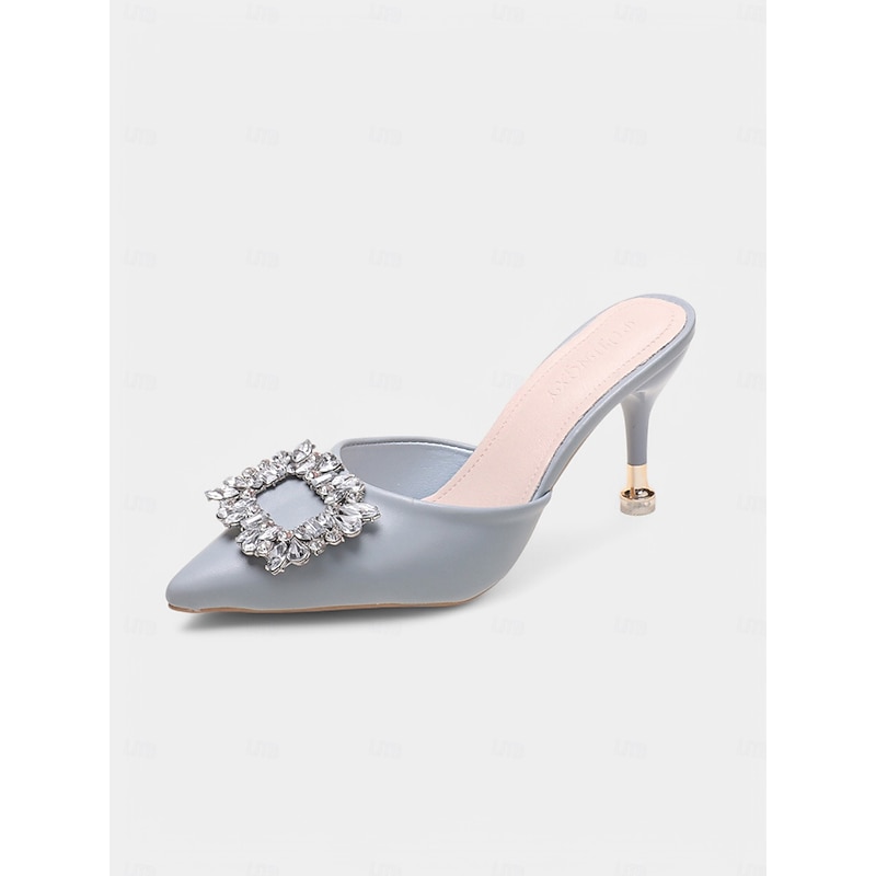 Women's Light Blue Pointed Toe Mules with Crystal Buckle – Elegant Low Heel Slip-On Shoes for Casual Dates and Everyday Chic4