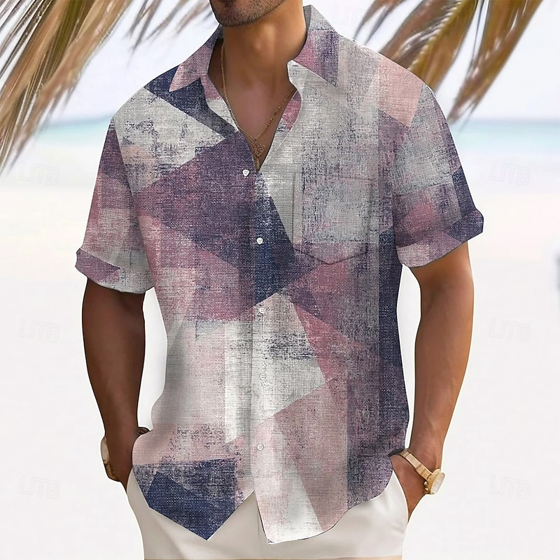 Men's Geometric Color Block Gradient Color Shirt Summer Shirt Button Up Shirt Short Sleeve Fashion Casual Vacation Holiday Streetwear Summer Turndown 3D Print Front One Pocket Linen Like Shirt Purple2