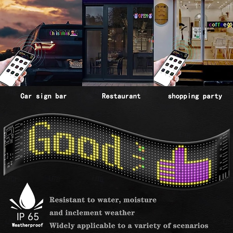 Smart Lights Programmable Car Led Sign Flexible Scrolling Bright LED Sign for Car Bluetooth APP RGB Animations Text Graffiti Message Pattern Advertising With Remote Controls for Car Store Bar3