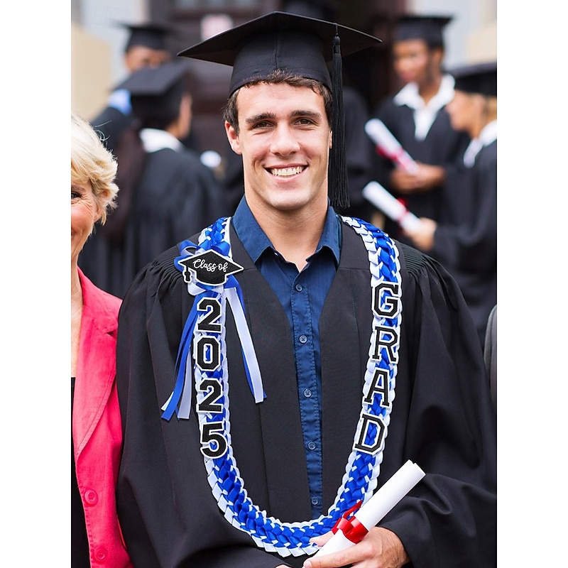 Class of 2025 Graduation Wreath - Braided Ribbon Necklace with GRAD Letters and Hat Charm, Handmade Keepsake Gift for High School and College Graduation Ceremony