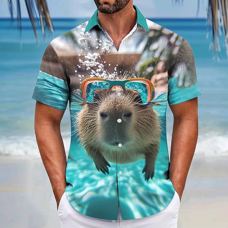 Men's Ocean Funny Capybara Shirt Summer Hawaiian Shirt Button Up Shirt Short Sleeve Hawaiian Resort Vacation Holiday Beach Wear Summer Spring Turndown 3D Print Collared Shirts Blue Green