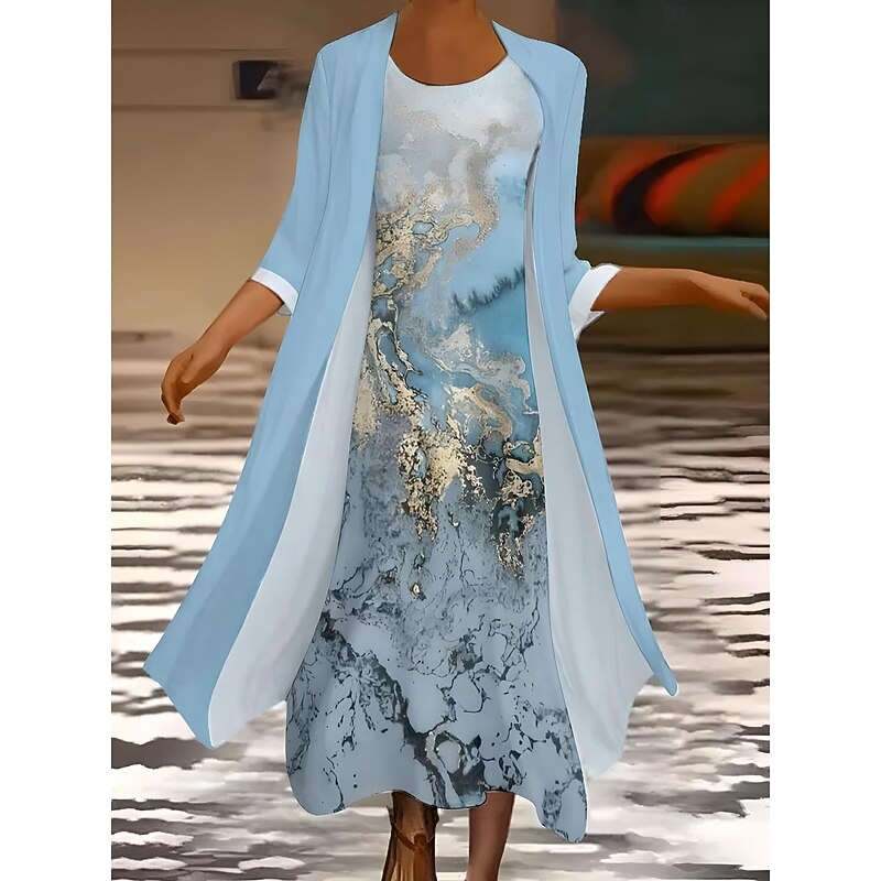 Women's Dress Set Summer Dress Casual Formal Floral Graphic Layered Print Midi Dress 3/4 Length Sleeve Crew Neck Daily Holiday Blue Purple Orange Summer Spring Regular Fit3