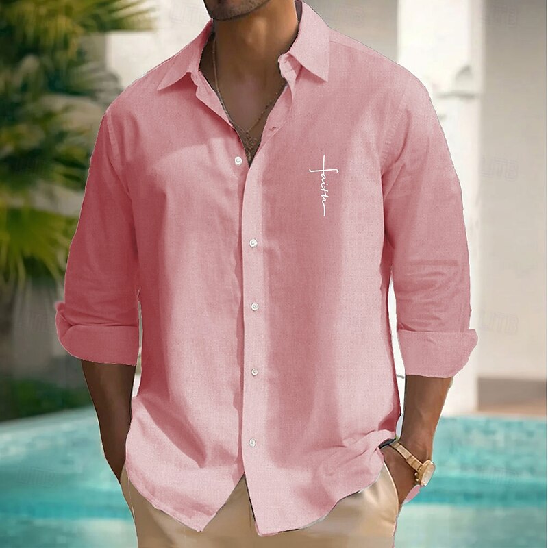 Men's Letter Printed Faith Shirt Summer Shirt Button Up Shirt Long Sleeve Fashion Casual Dailywear Causal Beach Wear Summer Spring Turndown 3D Print Linen Like Shirt White Pink Blue