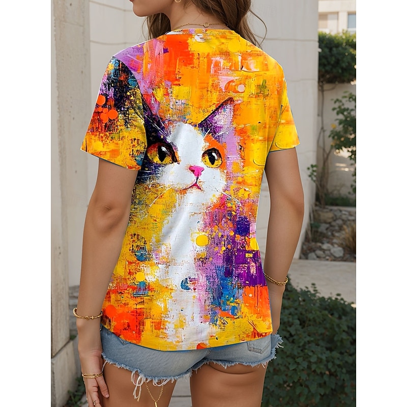 Women's T Shirt Graphic Animal Cat Vintage Stylish Modern Short Sleeve V Neck Regular Tops Daily Print Yellow Summer2