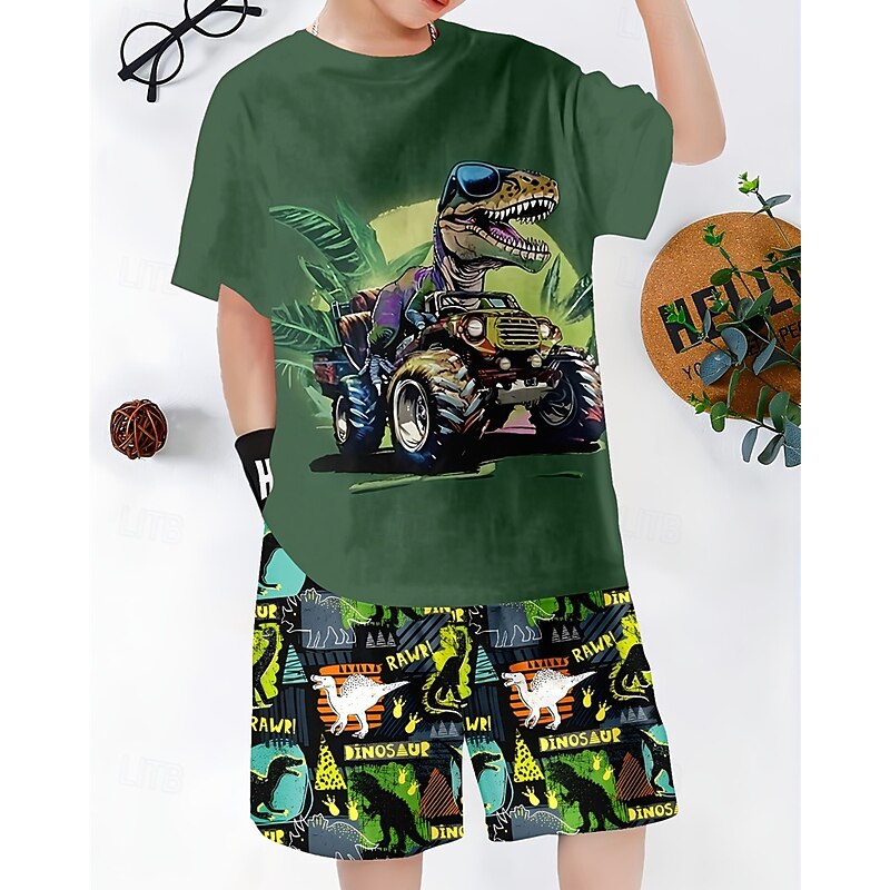 Boys 3D Dinosaur T-shirt & Shorts Set Short Sleeve Summer Spring Sports Fashion Daily Kids 4-12 Years Crew Neck Outdoor Vacation Sports Tailored Fit
