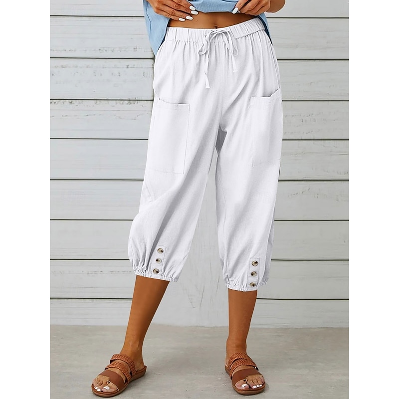 Women's Capri Pants Solid Color Chinos Fashion Ethnic Style Basic Calf-Length High Waist Plain Pocket Drawstring Comfort Outdoor Micro-elastic Vacation Street Daily Black White Khaki Light Blue