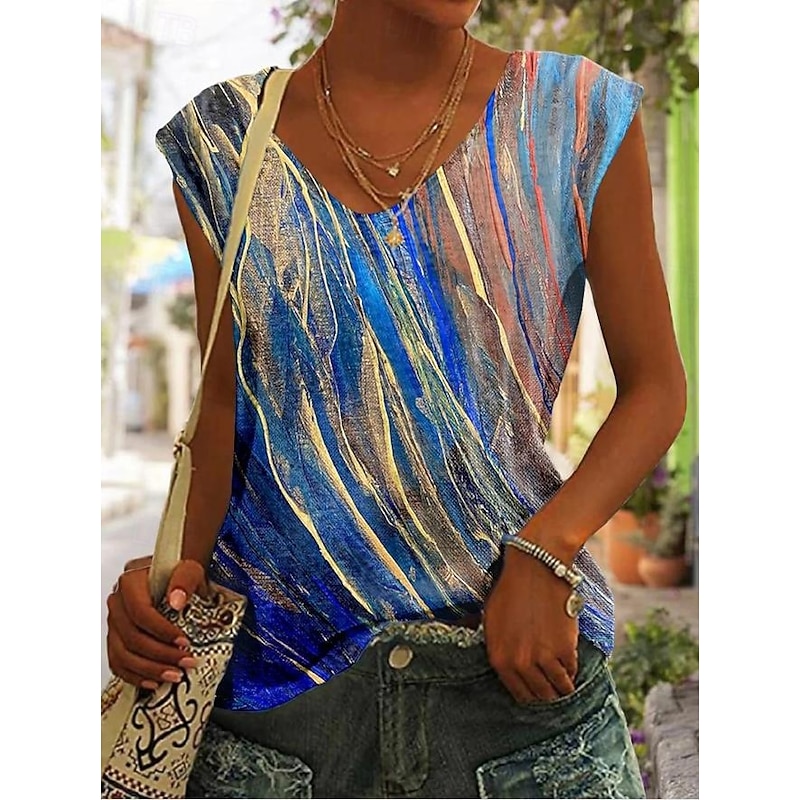 Women's T Shirt Graphic Tie Dye Tropical Stylish Casual Sleeveless V Neck Regular Tops Daily Going out Weekend Print Yellow Blue Green Summer Spring