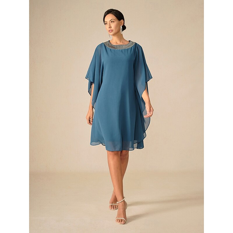 Women's Knee Length Dress Chiffon Dress Elegant Party Solid Color Half Sleeve Crew Neck Blue Summer Spring Fall - Main Image