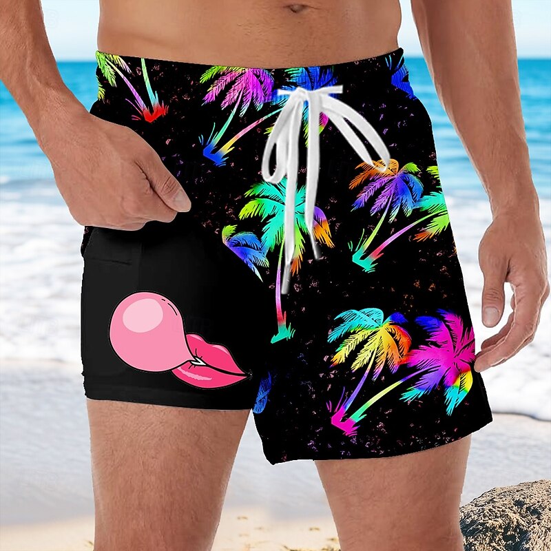 Men's Coconut Tree Tropical Plants Bubble Gum Lined Shorts 2 in 1 Board Shorts Swim Shorts Mid Waist Hawaiian Vacation Side Pockets With Compression Liner Elastic Drawstring Waist Designer Clothing