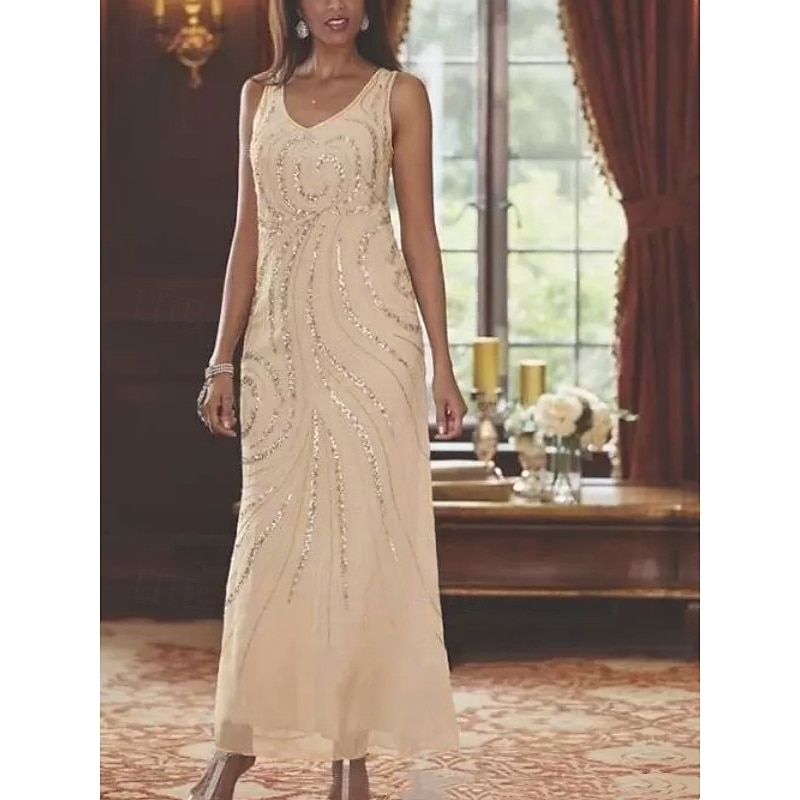 Beach Wedding Two Piece Sheath Mother of the Bride Dress Wedding Guest Elegant Sparkle & Shine V Neck Ankle Length Chiffon Sequined Long Sleeve with Sequin2