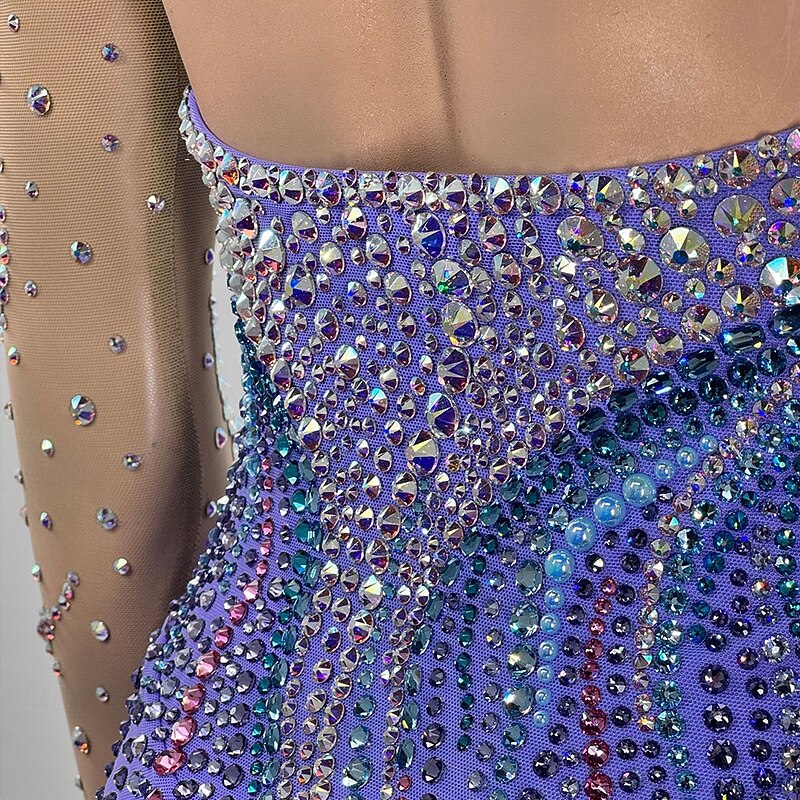 Figure Skating Dress Women's Girls' Ice Skating Dress Blue Thumbhole Open Back Mesh High Elasticity Training Competition Skating Wear Classic Crystal / Rhinestone Long Sleeve Ice Skating Figure3