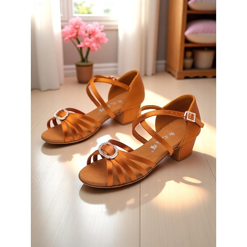 Girls' Satin Low Heel Ballroom Dance Shoes with Rhinestone Buckle – Comfortable Latin Practice Sandals for Kids and Beginners3