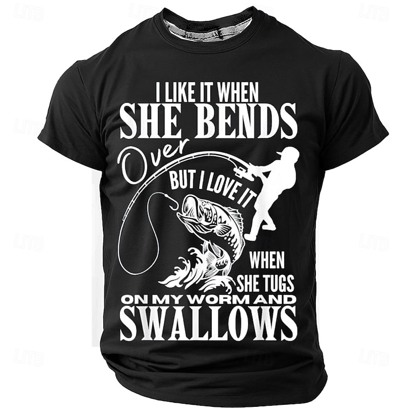 Humorous Fishing Graphic T-Shirt for Men - Funny 'She Tugs On My Worm and Swallows' Double Entendre Short Sleeve3