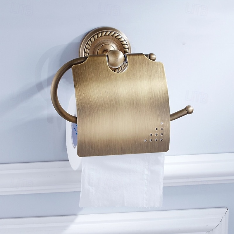 Antique Brass Toilet Paper Holder with Cover, Wall Mounted Toilet Paper Roll Holder, Vintage Gold Decorative Bathroom Accessories, Petal-Relief Series2