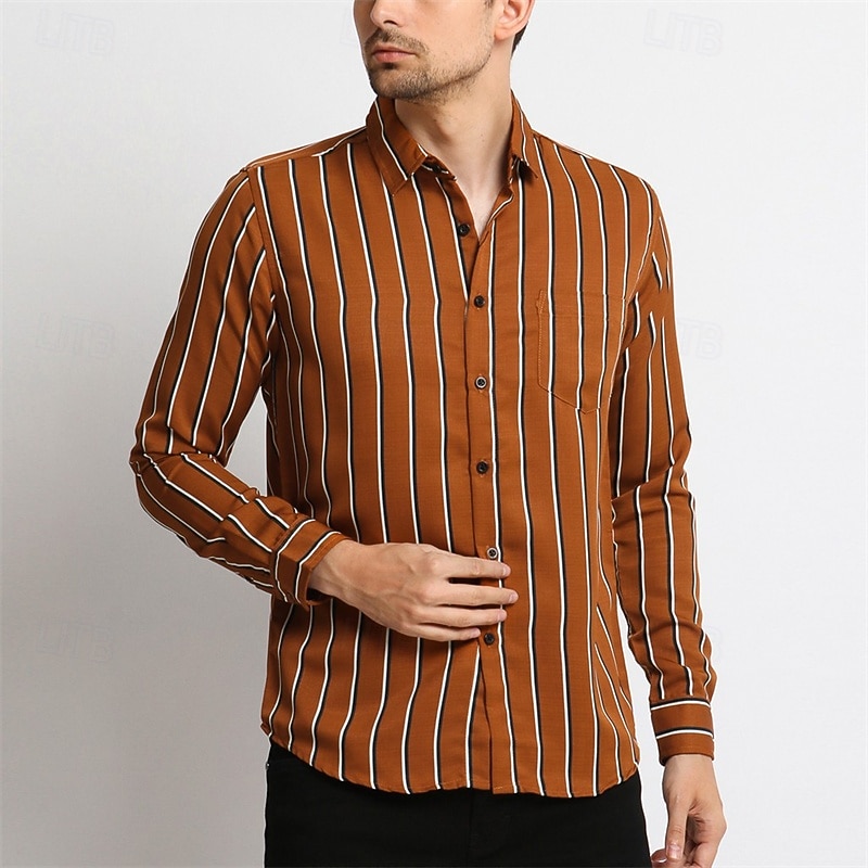 Men's Shirt Summer Shirt Casual Shirt Beach Shirt Button Up Shirt Black Red Brown Dark Blue Black+White Long Sleeve Stripes Lapel Vacation Hawaiian Pocket Clothing Apparel Polyester Fashion Casual2
