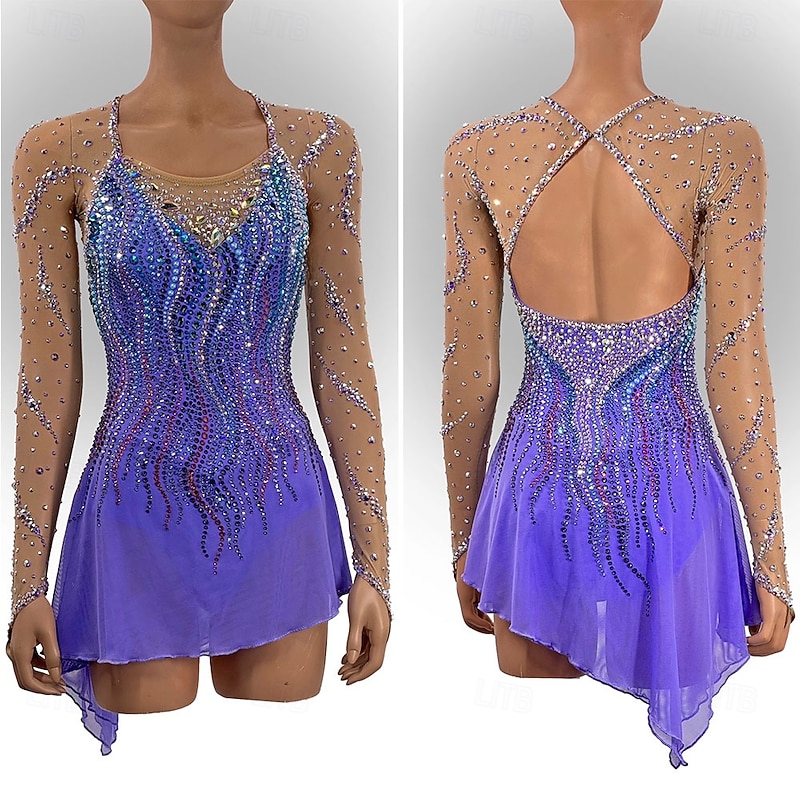 Figure Skating Dress Women's Girls' Ice Skating Dress Blue Thumbhole Open Back Mesh High Elasticity Training Competition Skating Wear Classic Crystal / Rhinestone Long Sleeve Ice Skating Figure