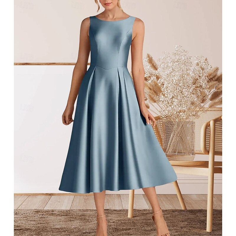 A-Line Cocktail Dresses Elegant Dress Homecoming Cocktail Party Tea Length Sleeveless Crew Neck Satin with Pleats3