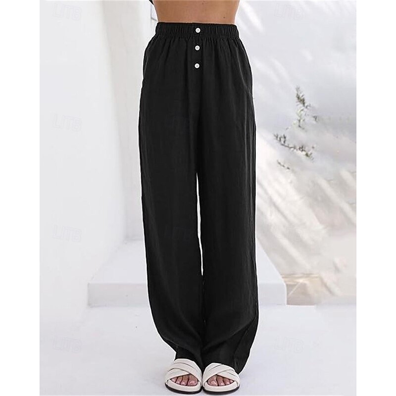 Women's Cotton Linen Pants Palazzo Pants Fashion Streetwear Comfort Full Length Mid Waist Plain Pocket Elastic Waist Comfy Outdoor Comfortable Street Daily Wear Going out Apricot Black Brown Army