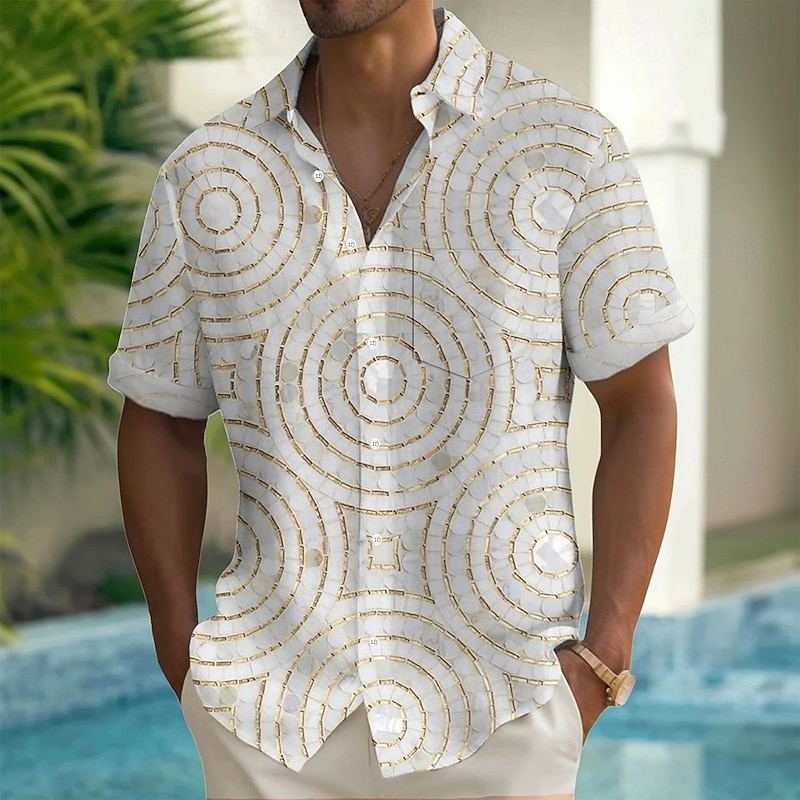 Men's Geometric Circle Shirt Summer Shirt Button Up Shirt Short Sleeve Fashion Casual Outdoor Vacation Dailywear Summer Spring Turndown 3D Print Collared Shirts Front One Pocket Apricot