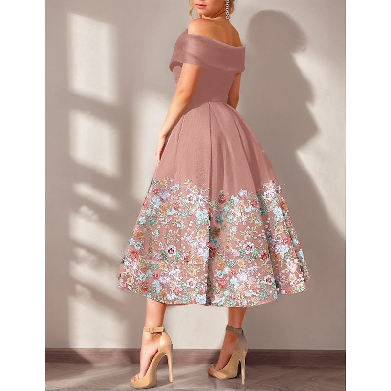 Floral A-Line Cocktail Dresses Elegant Dress Formal Wedding Guest Ankle Length Short Sleeve Off Shoulder with Slit Embroidery Dresses2