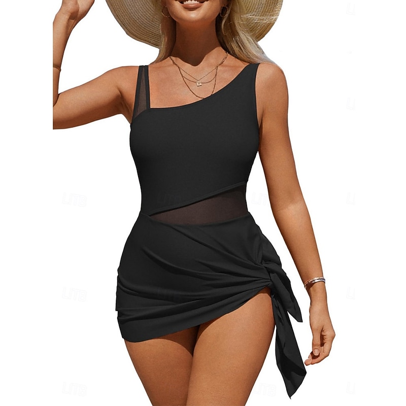 Women's One Piece Swimsuit Swim Dress Mesh Tummy Control Swimwear Solid Colored Swimwear Black Breathable Quick Dry Lightweight Sleeveless - Swimming Surfing Beach Summer Spring3