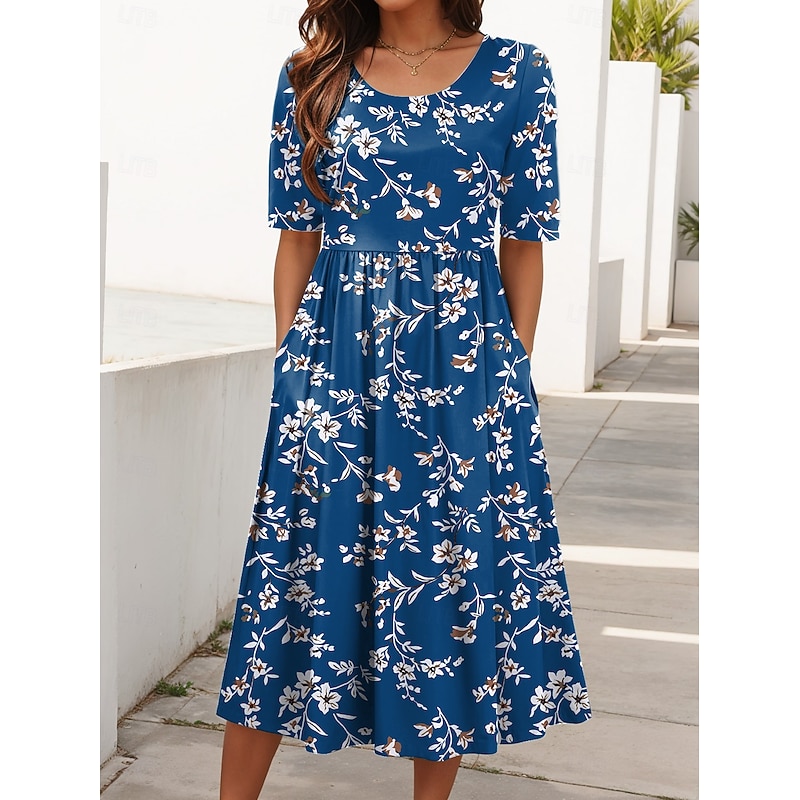 Women's Midi Dress Summer Dress Vacation Casual Beach Holiday Regular Fit Floral Graphic Short Sleeve Crew Neck Red Blue Green Summer3