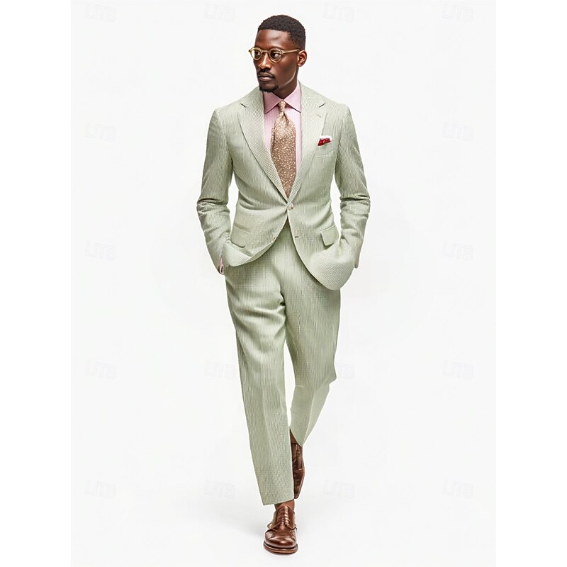 Men's Seersucker Suits Casual Summer Wedding Suits Sage Formal Striped Standard Fit 2 Piece Single Breasted Two-buttons2